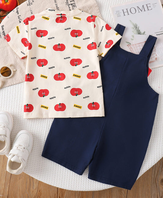 FirstCry Mark and Mia Cotton Dungaree with Half Sleeves Inner Tee Apple Print and Applique Navy Blue