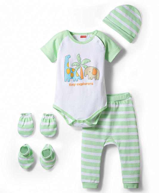 FirstCry Babyhug 100 Percent Cotton Interlock Knit Half Sleeves Onesie and Striped Diaper Leggings Multicolour