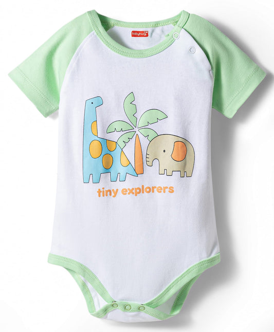 FirstCry Babyhug 100 Percent Cotton Interlock Knit Half Sleeves Onesie and Striped Diaper Leggings Multicolour