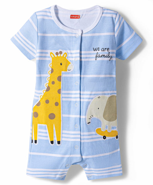FirstCry Babyhug 100 Percent Cotton Knit Half Sleeves Striped Giraffe and Elephant Embroidered Romper Multicolour