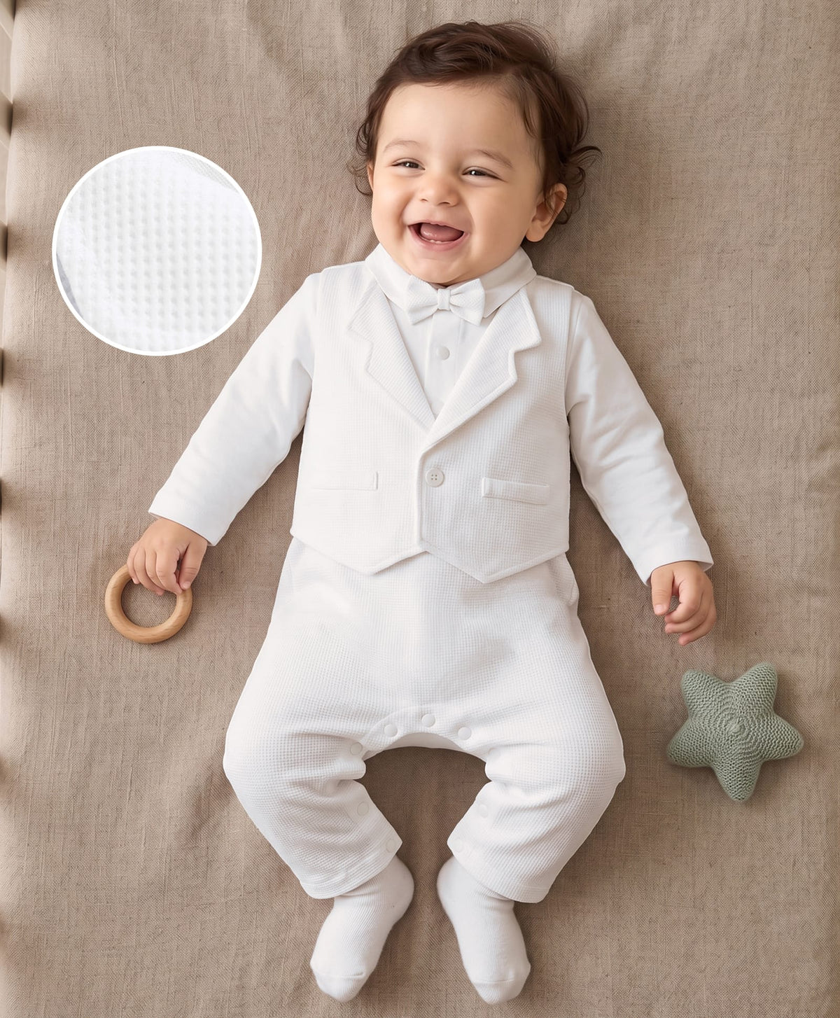 FirstCry Mark and Mia Woven Full Sleeves Solid Party Romper With Bow Applique White
