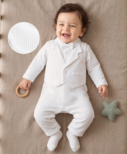 FirstCry Mark and Mia Woven Full Sleeves Solid Party Romper With Bow Applique White