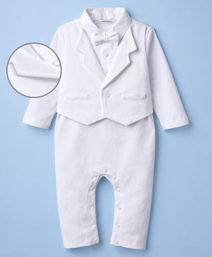 FirstCry Mark and Mia Woven Full Sleeves Solid Party Romper With Bow Applique White