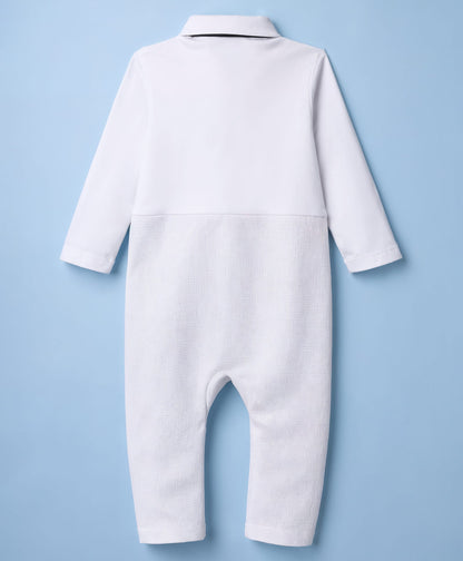 FirstCry Mark and Mia Woven Full Sleeves Solid Party Romper With Bow Applique White