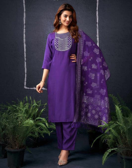 Sudathi Dark Purple Cotton Sequence Straight Kurta Set With Dupatta - PUSHMYCART