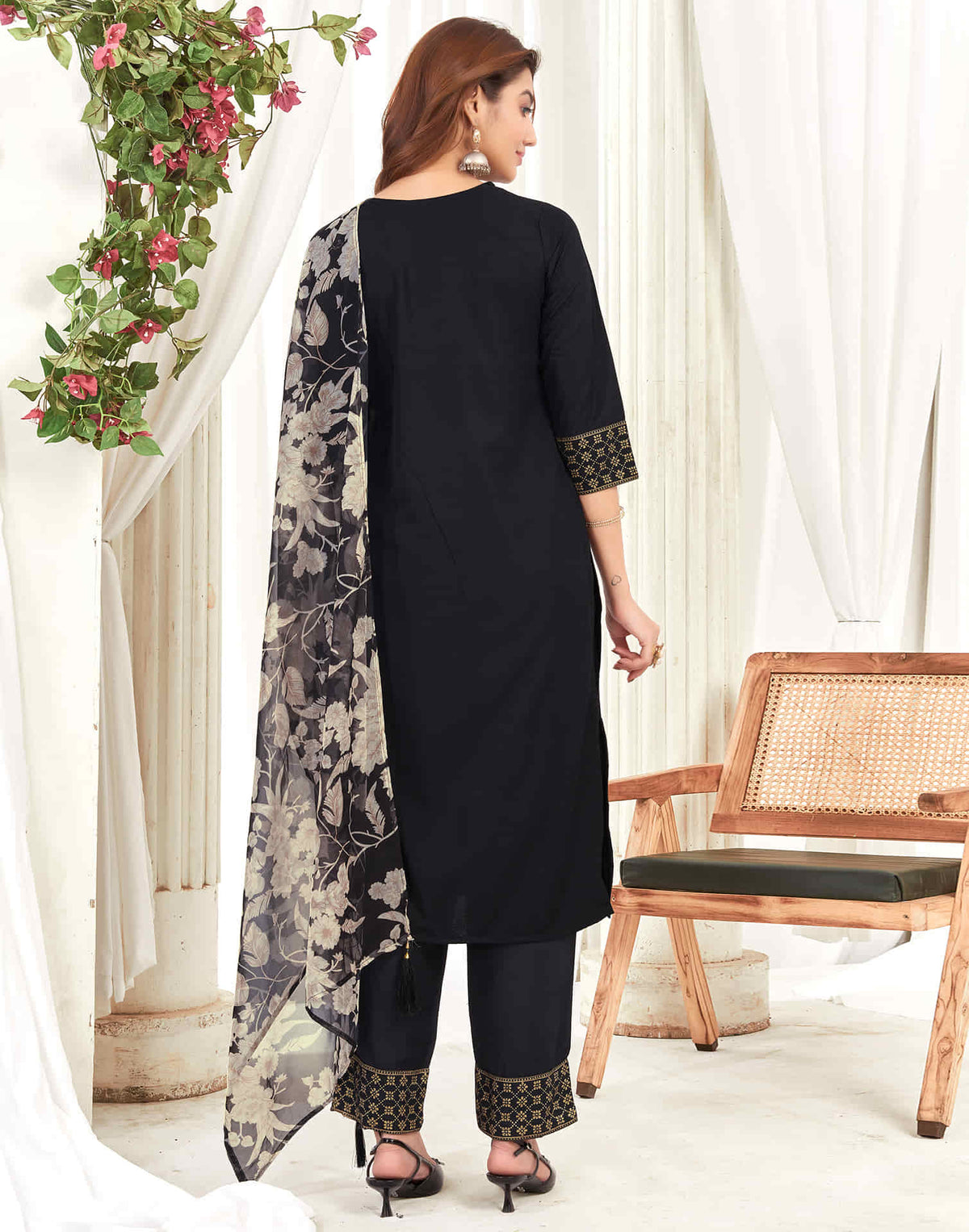 Sudathi Black Cotton Sequence Straight Kurta Set With Dupatta - PUSHMYCART