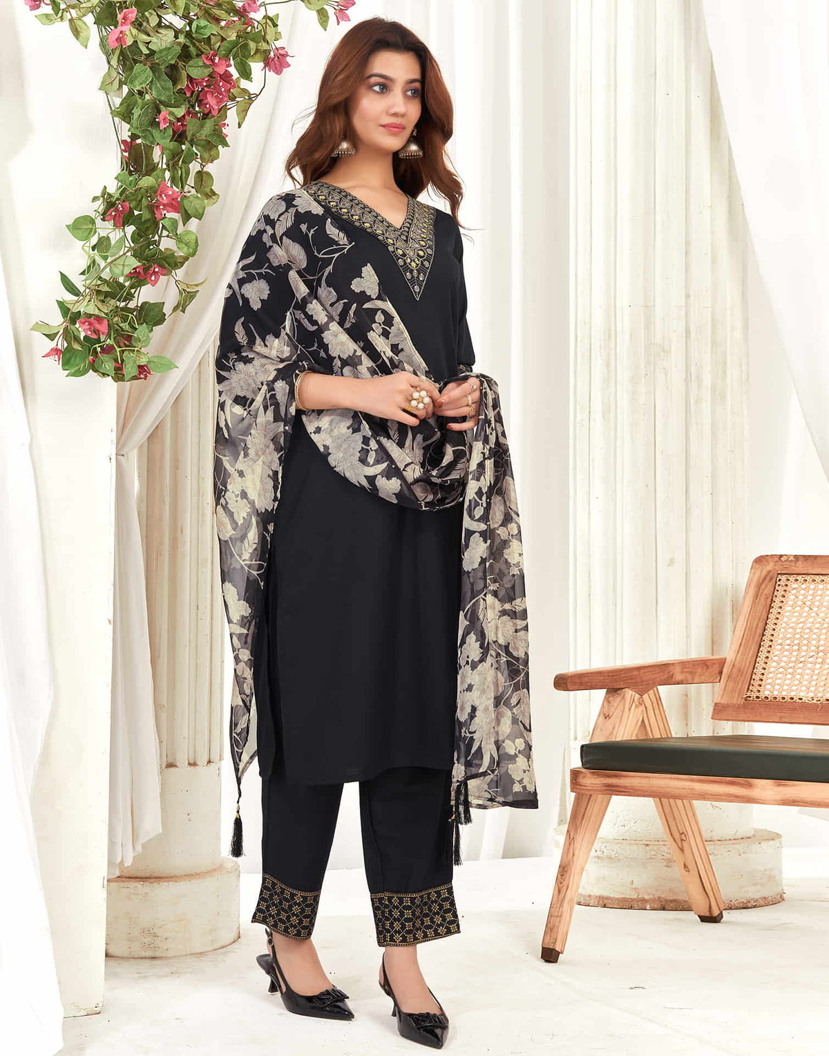 Sudathi Black Cotton Sequence Straight Kurta Set With Dupatta