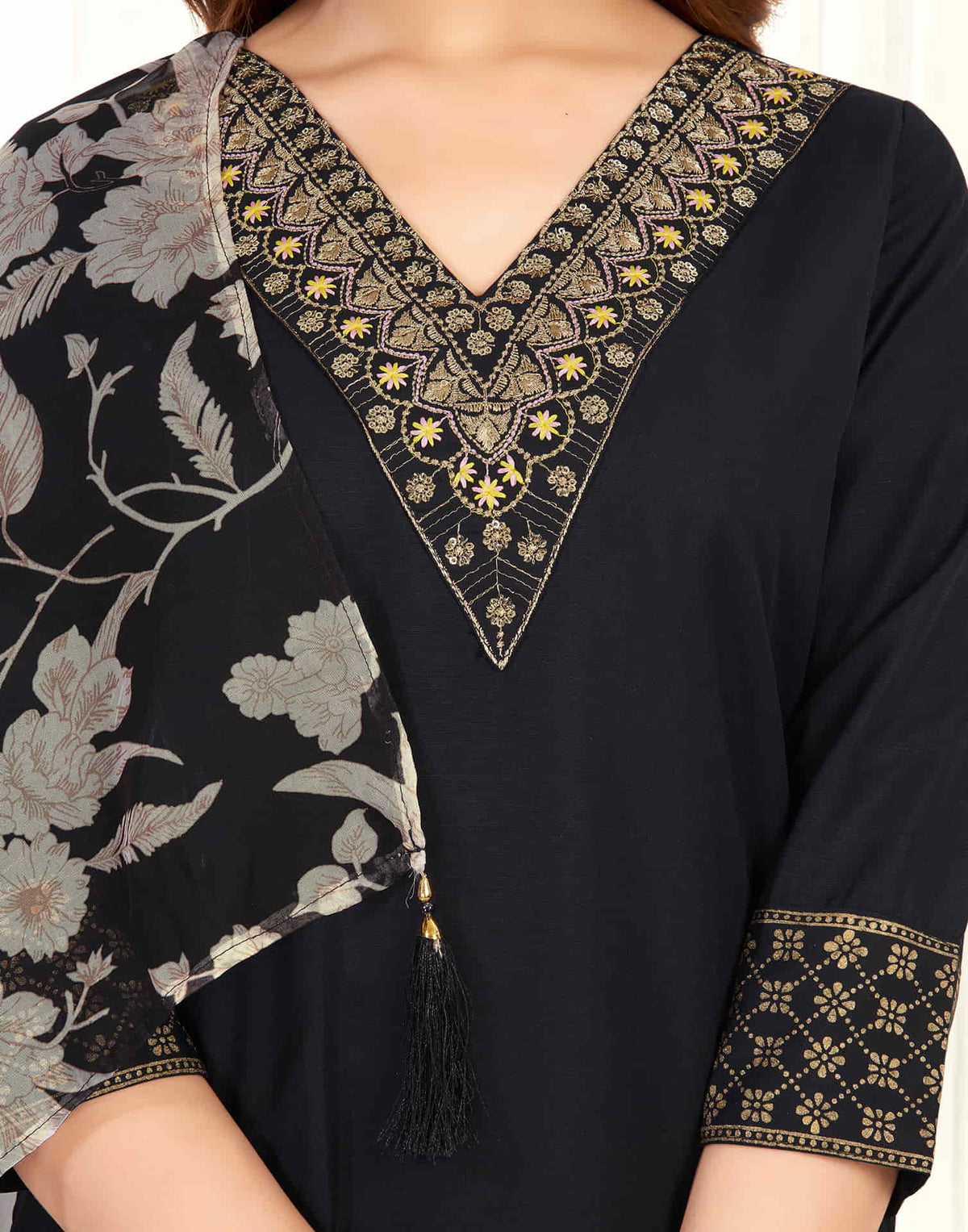 Sudathi Black Cotton Sequence Straight Kurta Set With Dupatta - PUSHMYCART