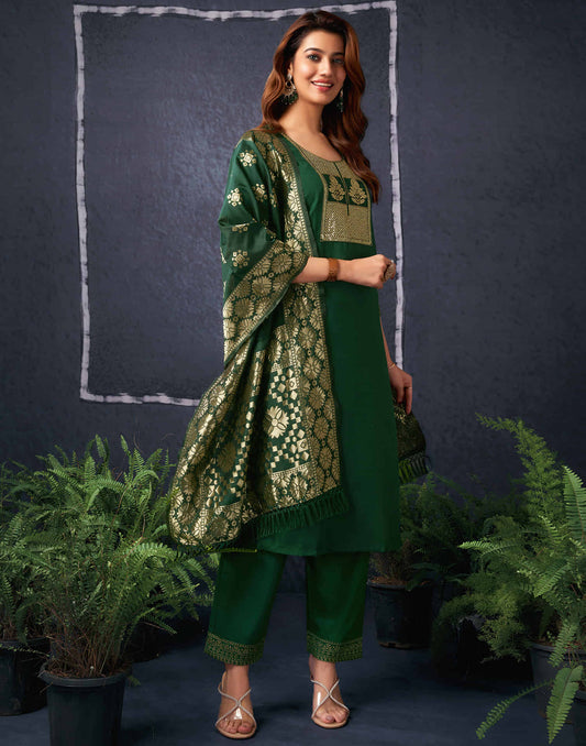 Sudathi Dark Green Cotton Sequence Straight Kurta Set With Dupatta - PUSHMYCART