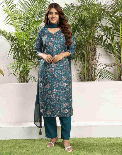Sudathi Rama Green Cotton Printed Straight Kurta Set With Dupatta - PUSHMYCART