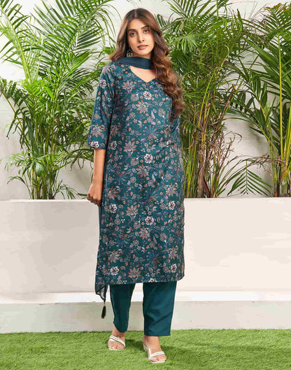 Sudathi Rama Green Cotton Printed Straight Kurta Set With Dupatta - PUSHMYCART