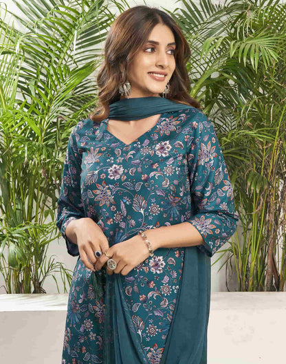 Sudathi Rama Green Cotton Printed Straight Kurta Set With Dupatta - PUSHMYCART