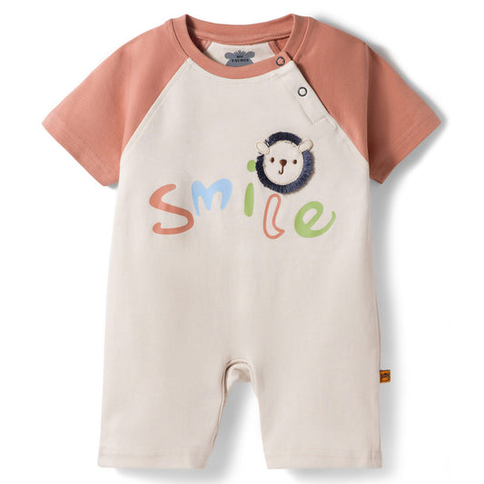 FirstCry Mini Taurus Interlock Knit Half Raglan Sleeves Romper with Smile Print and Patch Blue