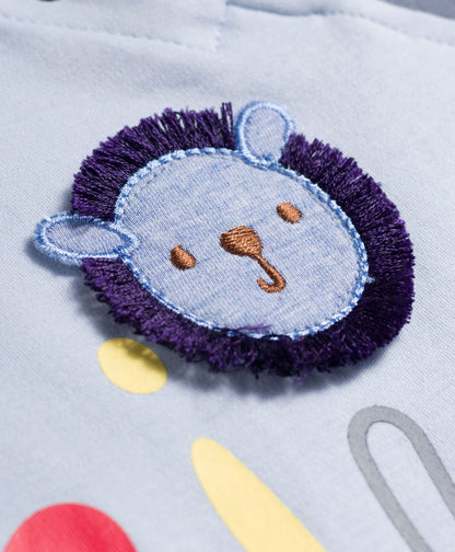 FirstCry Mini Taurus Interlock Knit Half Raglan Sleeves Romper with Smile Print and Patch Blue