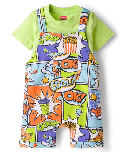 FirstCry Babyhug 100 Percent Cotton Single Jersey Knit Half Sleeves T-Shirt and Dungaree Set with Text Print Green