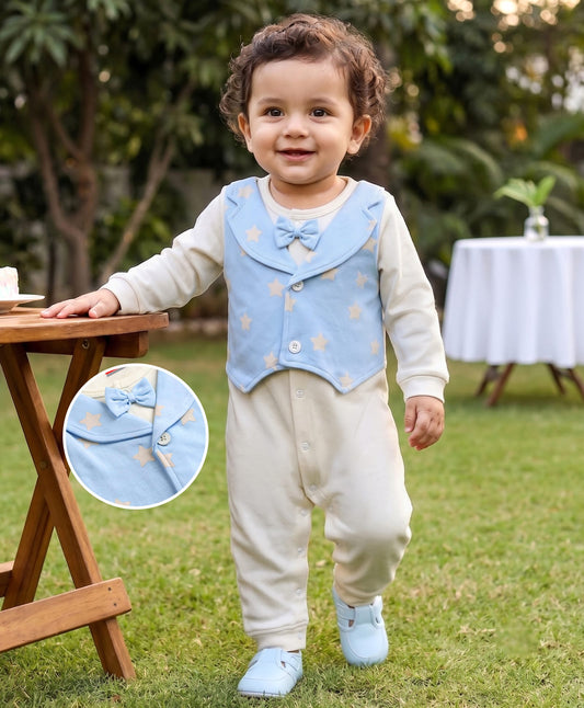 FirstCry Babyhug 100 Percent Cotton Knit Full Sleeves Star Printed Party Romper With Attached Wasit White and Light Blue