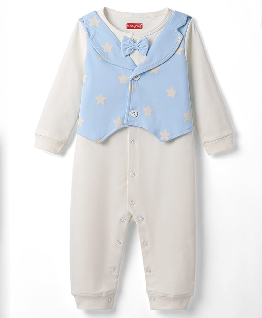 FirstCry Babyhug 100 Percent Cotton Knit Full Sleeves Star Printed Party Romper With Attached Wasit White and Light Blue
