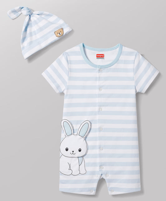 FirstCry Babyhug 100 Percent Cotton Interlock Knit Half Sleeves Striped Romper With Bunny Detailing and Cap Light Blue