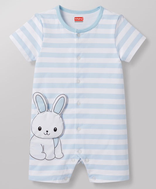 FirstCry Babyhug 100 Percent Cotton Interlock Knit Half Sleeves Striped Romper With Bunny Detailing and Cap Light Blue