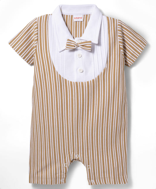 FirstCry Babyhug Popcorn 100 Percent Cotton Knit Half Sleeves Striped Romper with Attached Waist Coat and Bow Applique Multicolour