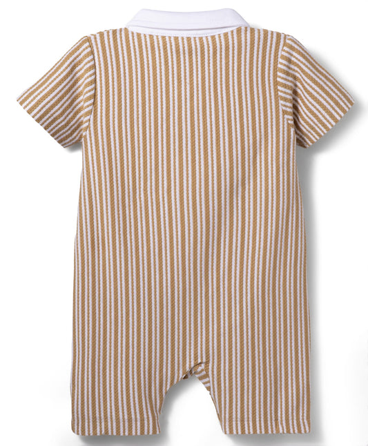 FirstCry Babyhug Popcorn 100 Percent Cotton Knit Half Sleeves Striped Romper with Attached Waist Coat and Bow Applique Multicolour