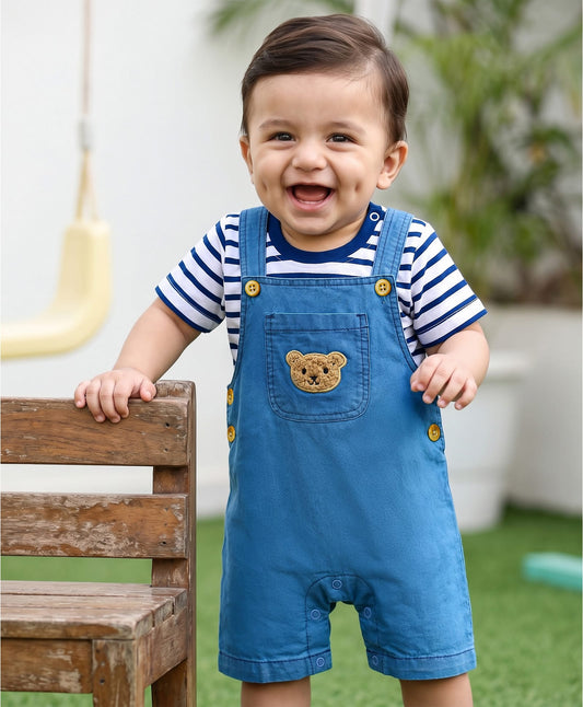 FirstCry Babyhug Interlock Knit Half Sleeves Striped T-Shirt and Dungaree Set With Bear Patch Multicolour