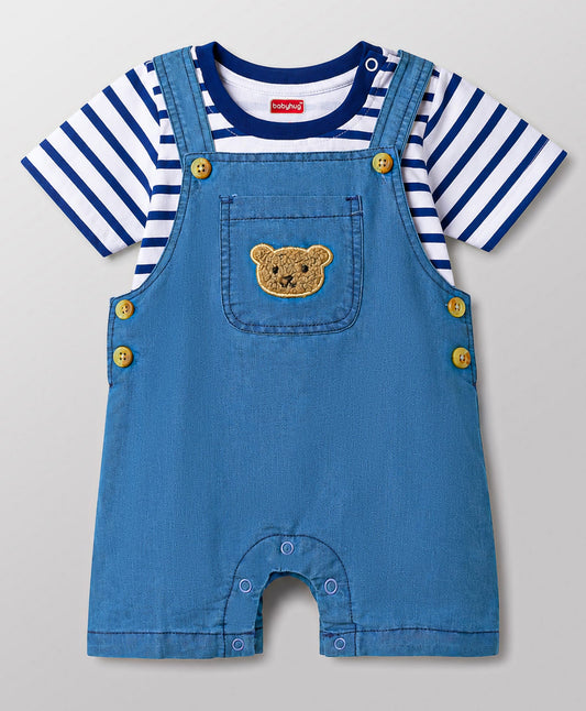 FirstCry Babyhug Interlock Knit Half Sleeves Striped T-Shirt and Dungaree Set With Bear Patch Multicolour