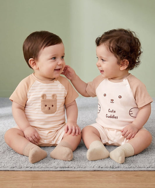 FirstCry Babyoye 100 Percent Cotton Woven Half Raglan Sleeves Rompers with Animal Print and Patch Pack of 2 Cream and Tan