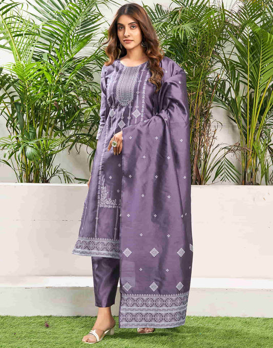 Sudathi Dusty Purple Silk Plain Straight Kurta Set With Dupatta