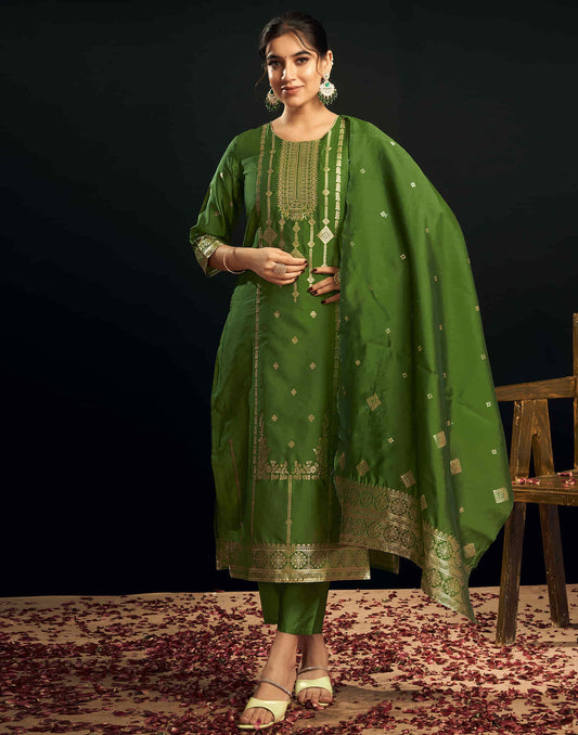 Sudathi Green And Golden Silk Plain Straight Kurta Set With Dupatta