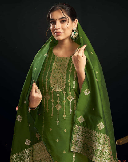 Sudathi Green And Golden Silk Plain Straight Kurta Set With Dupatta - PUSHMYCART