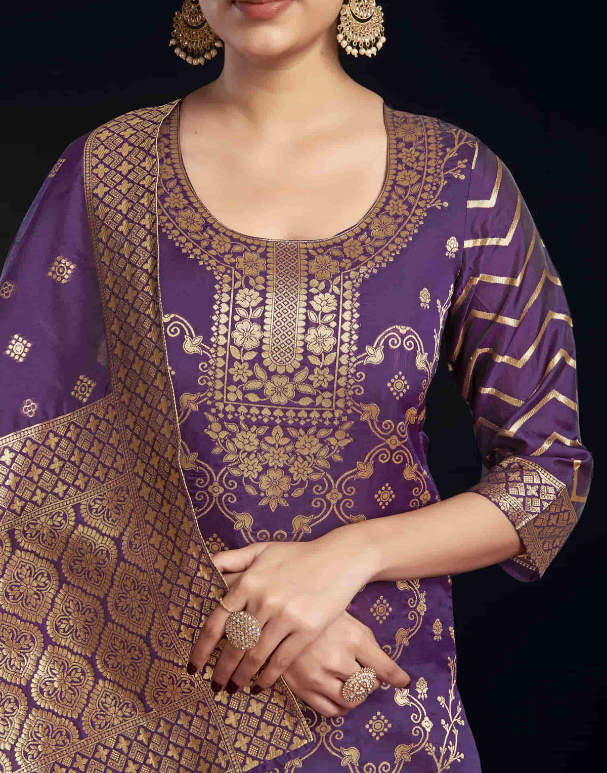 Sudathi Wine Silk Woven Straight Kurta Set With Dupatta - PUSHMYCART