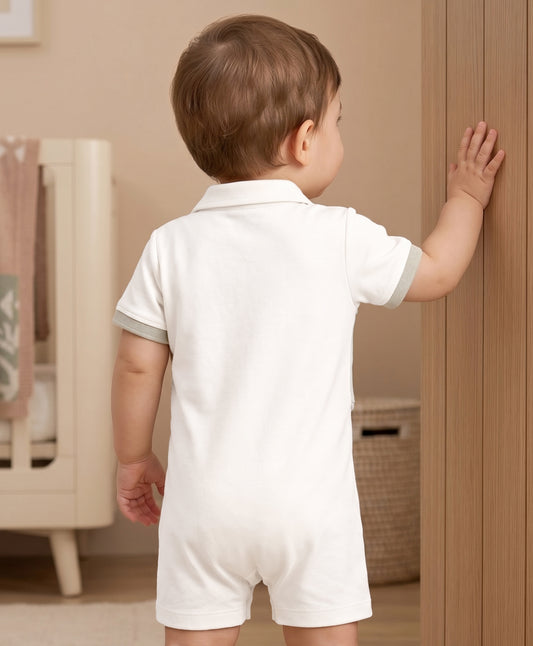 FirstCry Babyoye 100 Percent Cotton Interlock Knit Half Sleeves Romper With Bow Applique Cream