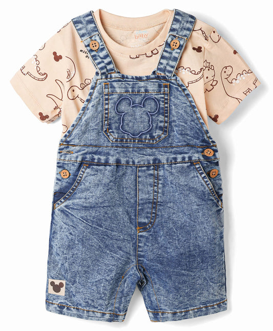 FirstCry Babyoye Disney Single Jersey Knit Half Sleeves Dino Printed T-shirt and Denim Dungaree Set Light Blue and Beige