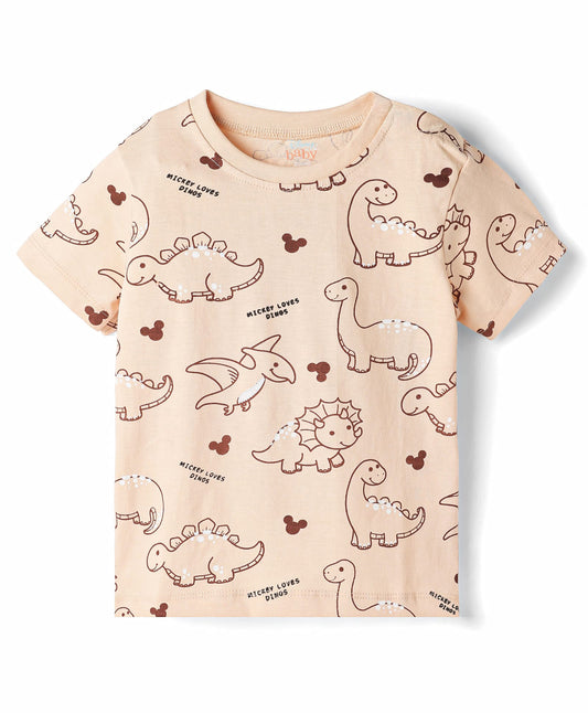 FirstCry Babyoye Disney Single Jersey Knit Half Sleeves Dino Printed T-shirt and Denim Dungaree Set Light Blue and Beige
