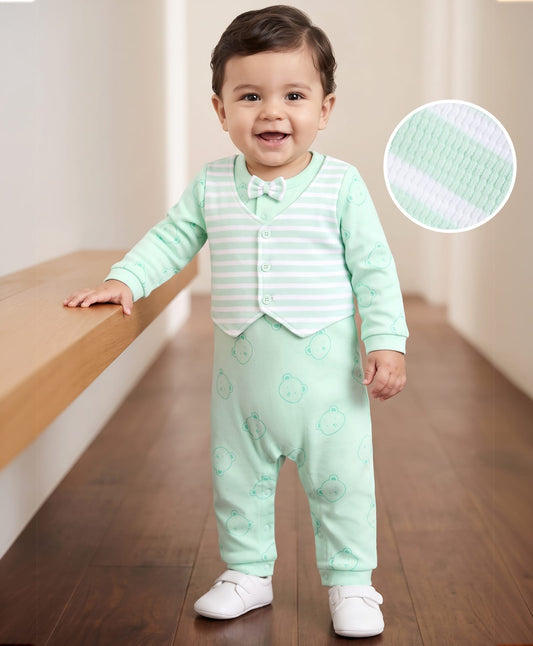 FirstCry Babyhug 100 Percent Cotton Interlock Woven Full Sleeves Bear Printed Partywear Romper with Waist Coat and Bow Sea Green