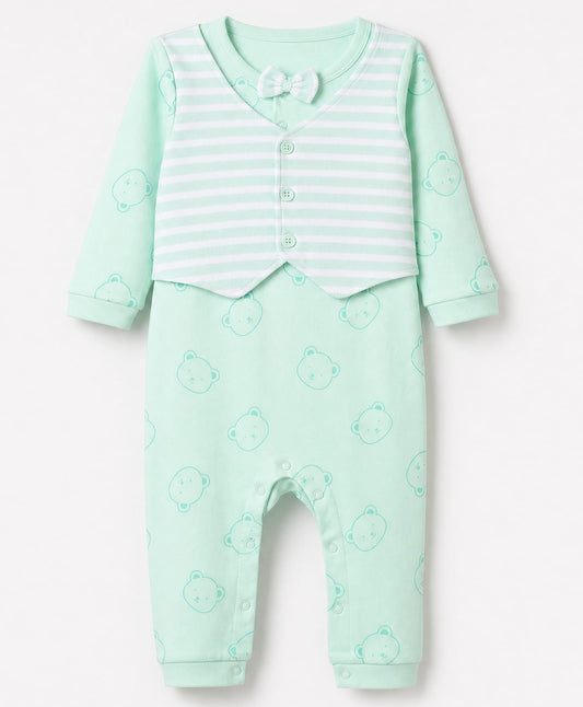 FirstCry Babyhug 100 Percent Cotton Interlock Woven Full Sleeves Bear Printed Partywear Romper with Waist Coat and Bow Sea Green