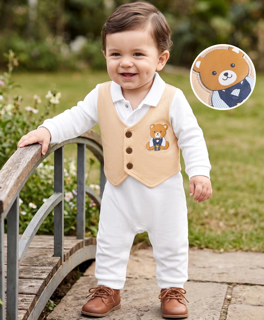 FirstCry Babyhug 100 Percent Cotton Interlock Woven Full Sleeves Party Romper with Bear Patch White