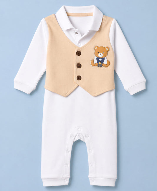 FirstCry Babyhug 100 Percent Cotton Interlock Woven Full Sleeves Party Romper with Bear Patch White