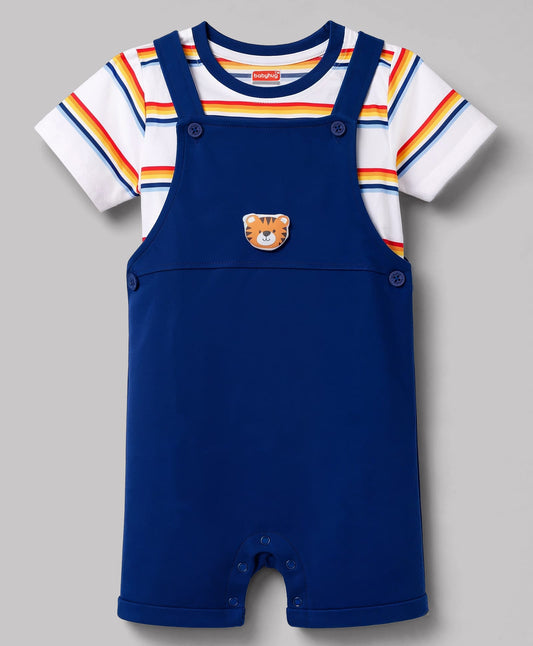 FirstCry Babyhug 100 Percent Cotton Single Jersey Knit Half Sleeves Striped Dungaree and T-Shirt with Cub Face Applique Navy