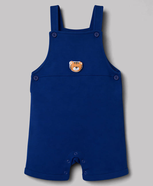 FirstCry Babyhug 100 Percent Cotton Single Jersey Knit Half Sleeves Striped Dungaree and T-Shirt with Cub Face Applique Navy