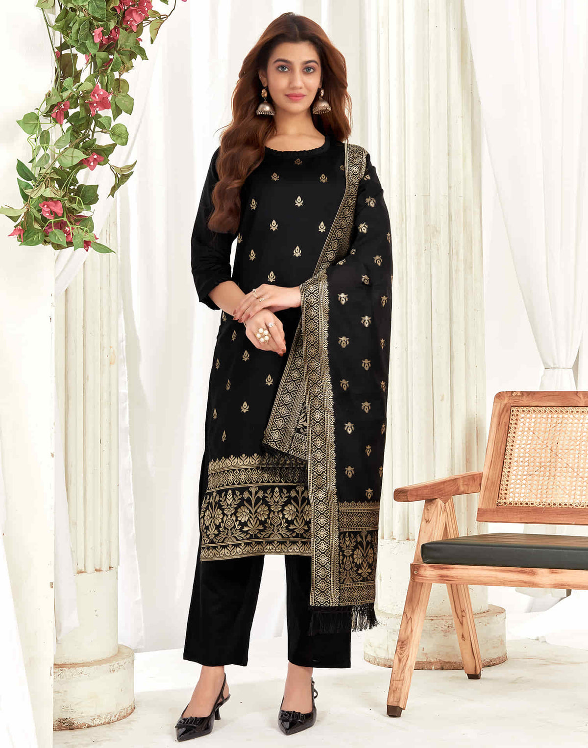 Sudathi Black And Golden Silk Plain Straight Kurta Set With Dupatta - PUSHMYCART