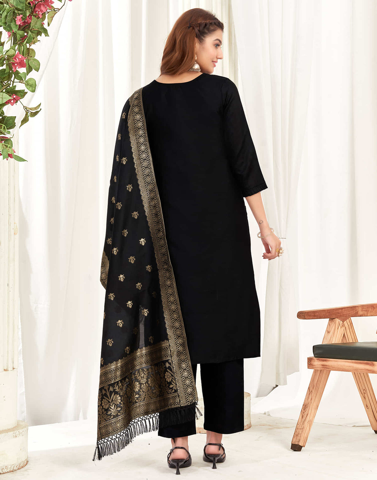 Sudathi Black And Golden Silk Plain Straight Kurta Set With Dupatta - PUSHMYCART