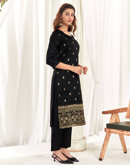 Sudathi Black And Golden Silk Plain Straight Kurta Set With Dupatta - PUSHMYCART