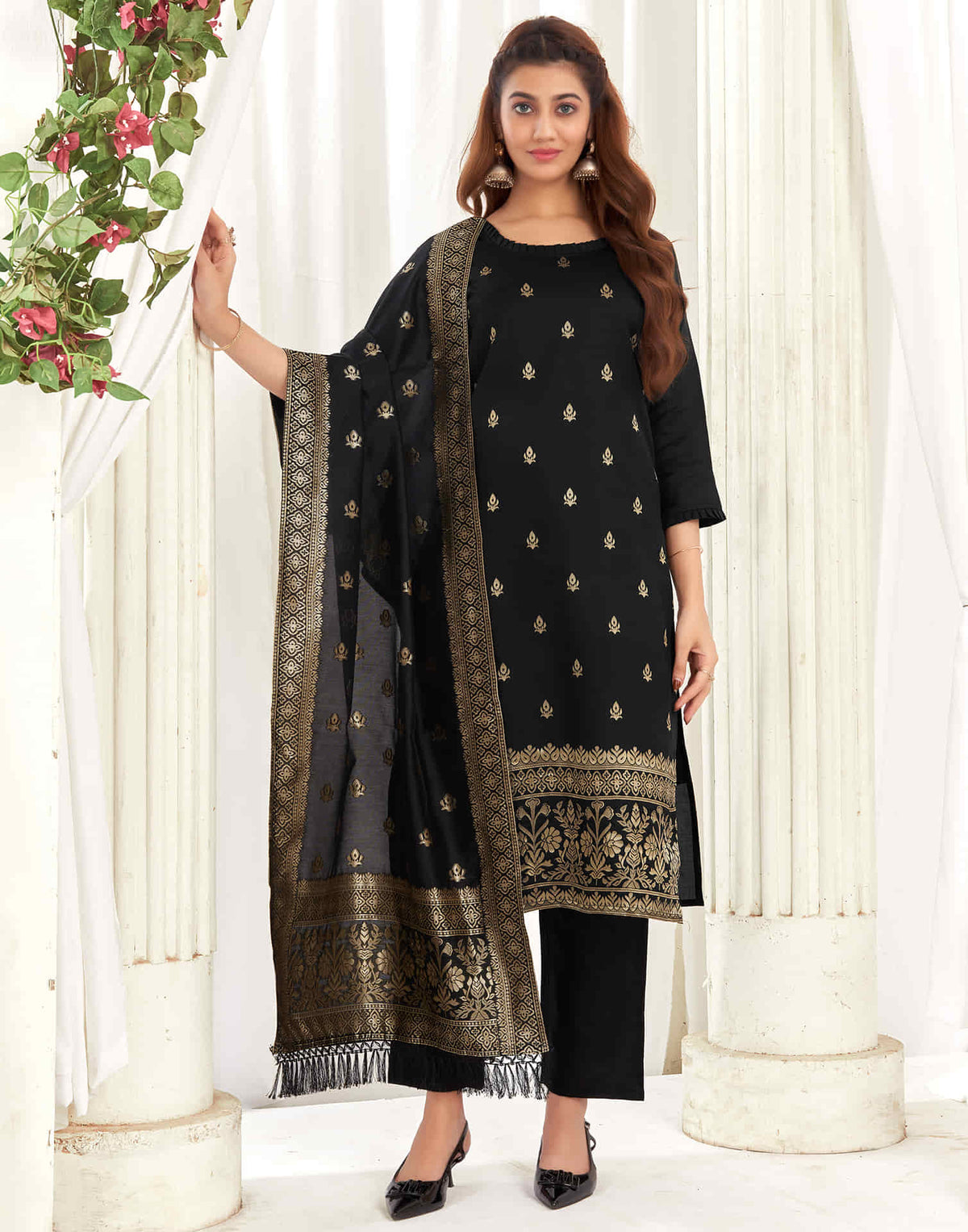 Sudathi Black And Golden Silk Plain Straight Kurta Set With Dupatta