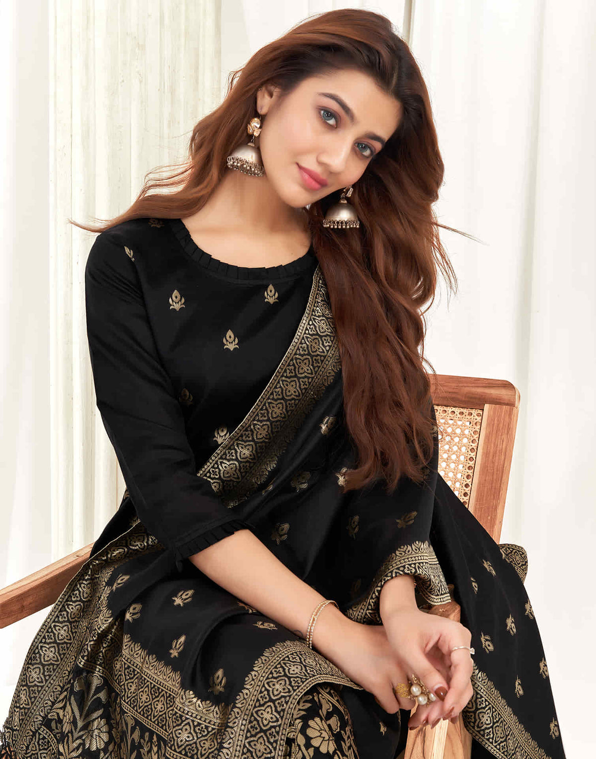 Sudathi Black And Golden Silk Plain Straight Kurta Set With Dupatta - PUSHMYCART