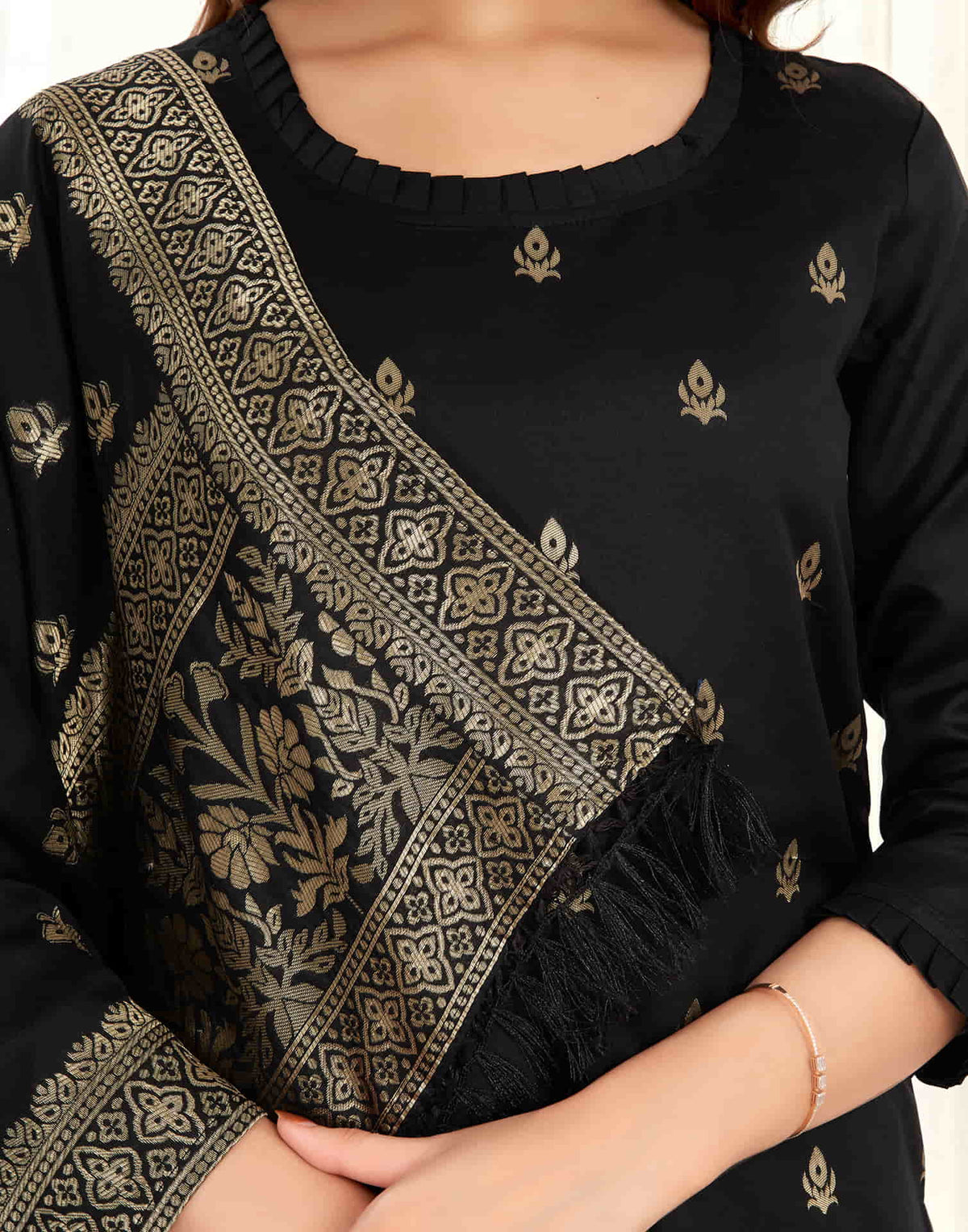 Sudathi Black And Golden Silk Plain Straight Kurta Set With Dupatta - PUSHMYCART