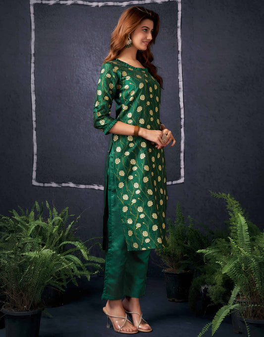 Sudathi Dark Green And Golden Silk Plain Straight Kurta Set With Dupatta - PUSHMYCART