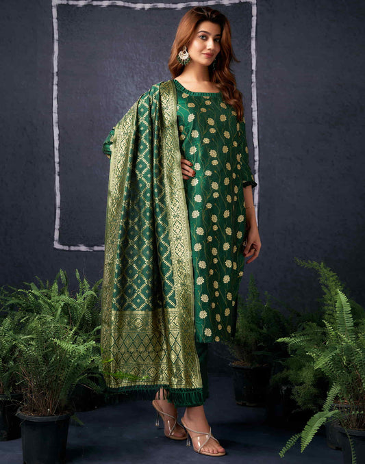 Sudathi Dark Green And Golden Silk Plain Straight Kurta Set With Dupatta