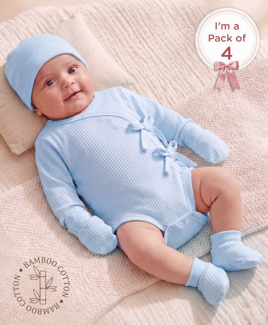 FirstCry Babyoye Male pack of 4 Multi Value Gift Set 100 Percent Bamboo Cotton Drop Needle Texture Cross over Onesie Cap Blue